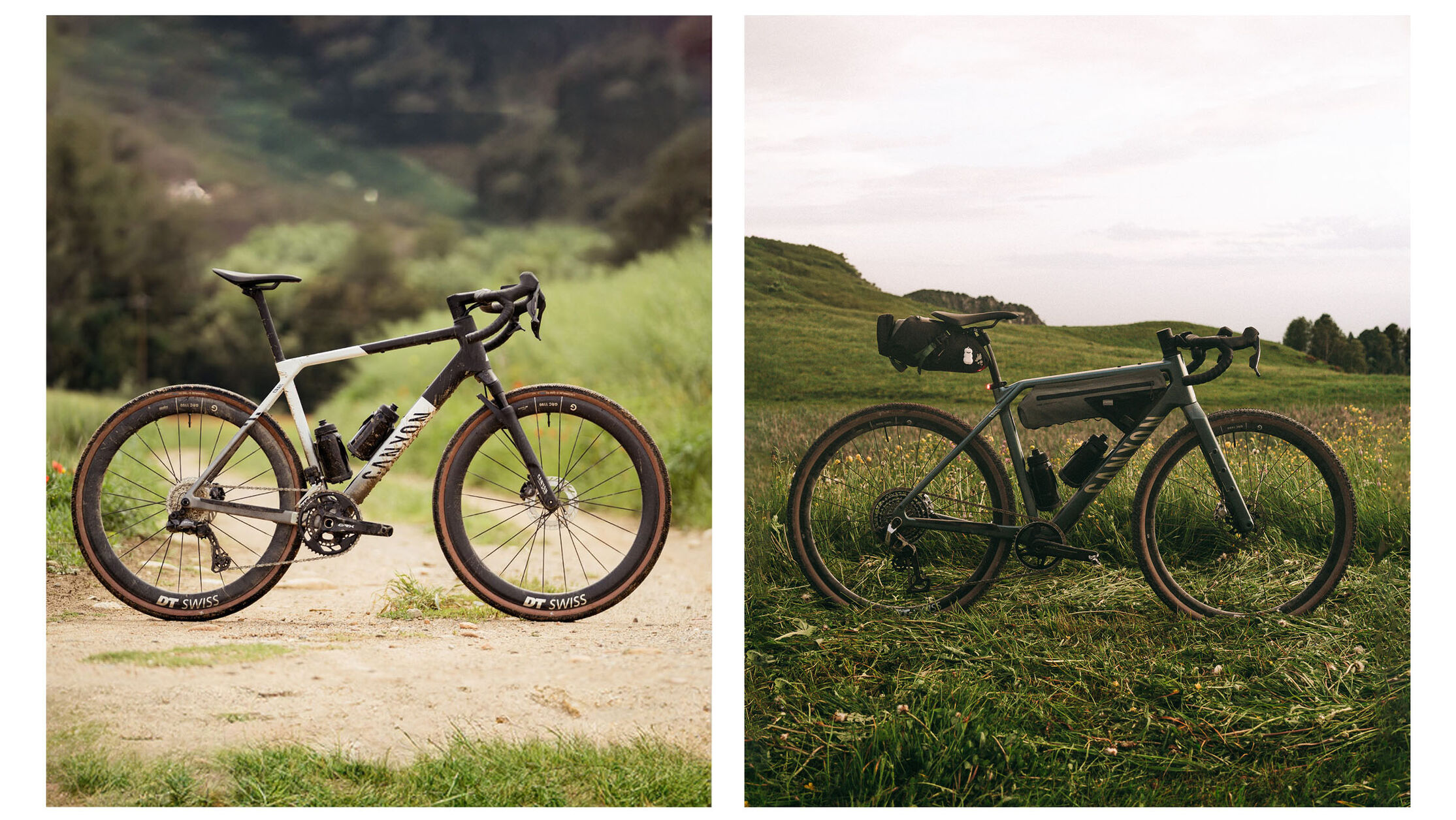 Side-by-side view of the Canyon Grail&rsquo;s integrated double-decker handlebar and the Canyon Grizl&rsquo;s traditional bar and stem cockpit for gravel riding.